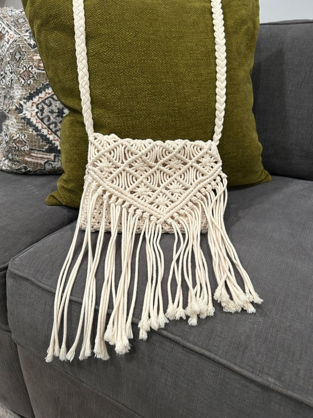 Cream Macramé Fringe Crossbody Bag